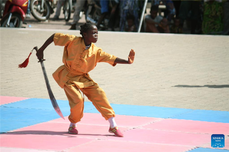 Maonesho ya mchezo wa jadi wa Wushu katika sherehe ya kuhitimu masomo huko Cotonou, Benin