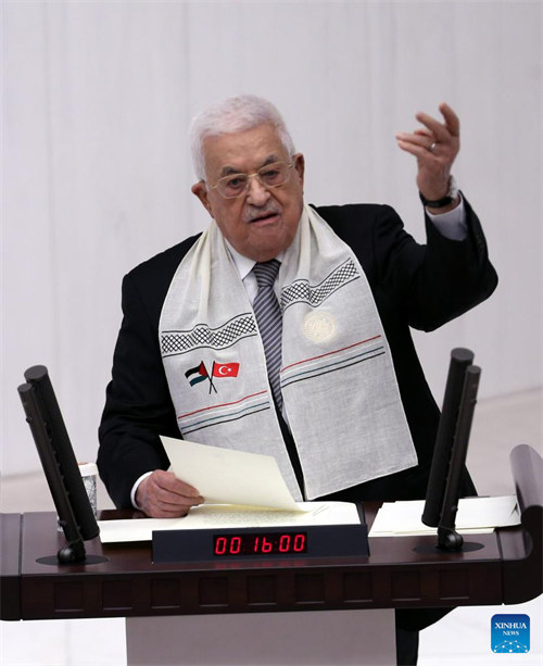 Rais wa Palestina Mahmoud Abbas akizungumza katika Bunge la Kitaifa la Uturuki mjini Ankara, Uturuki, Agosti 15, 2024. (Mustafa Kaya/Kitini kupitia Xinhua)